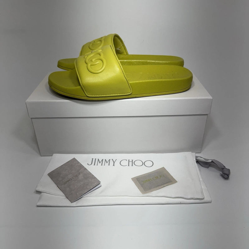 Jimmy Choo Azari Pool Slides US 8.5 (39) Citron Sandals Flats Logo