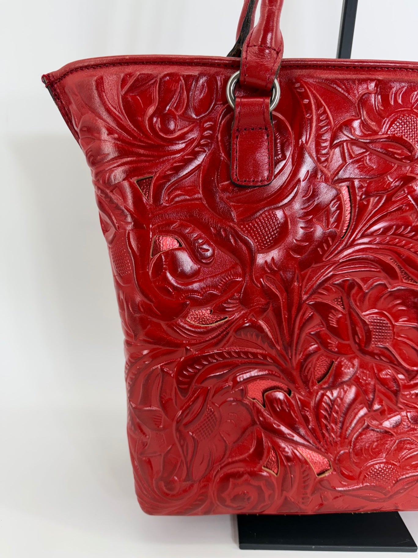 Patricia Nash Adeline Red Tooled Leather Tote Bag Floral Embossed Shoulder Purse