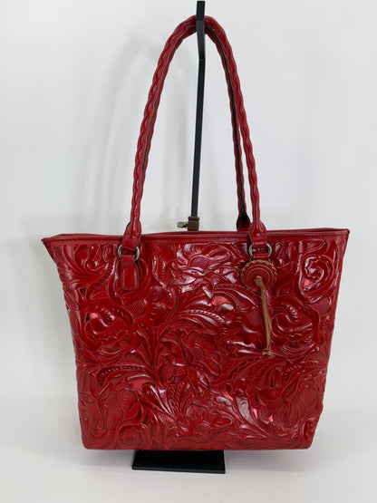 Patricia Nash Adeline Red Tooled Leather Tote Bag Floral Embossed Shoulder Purse