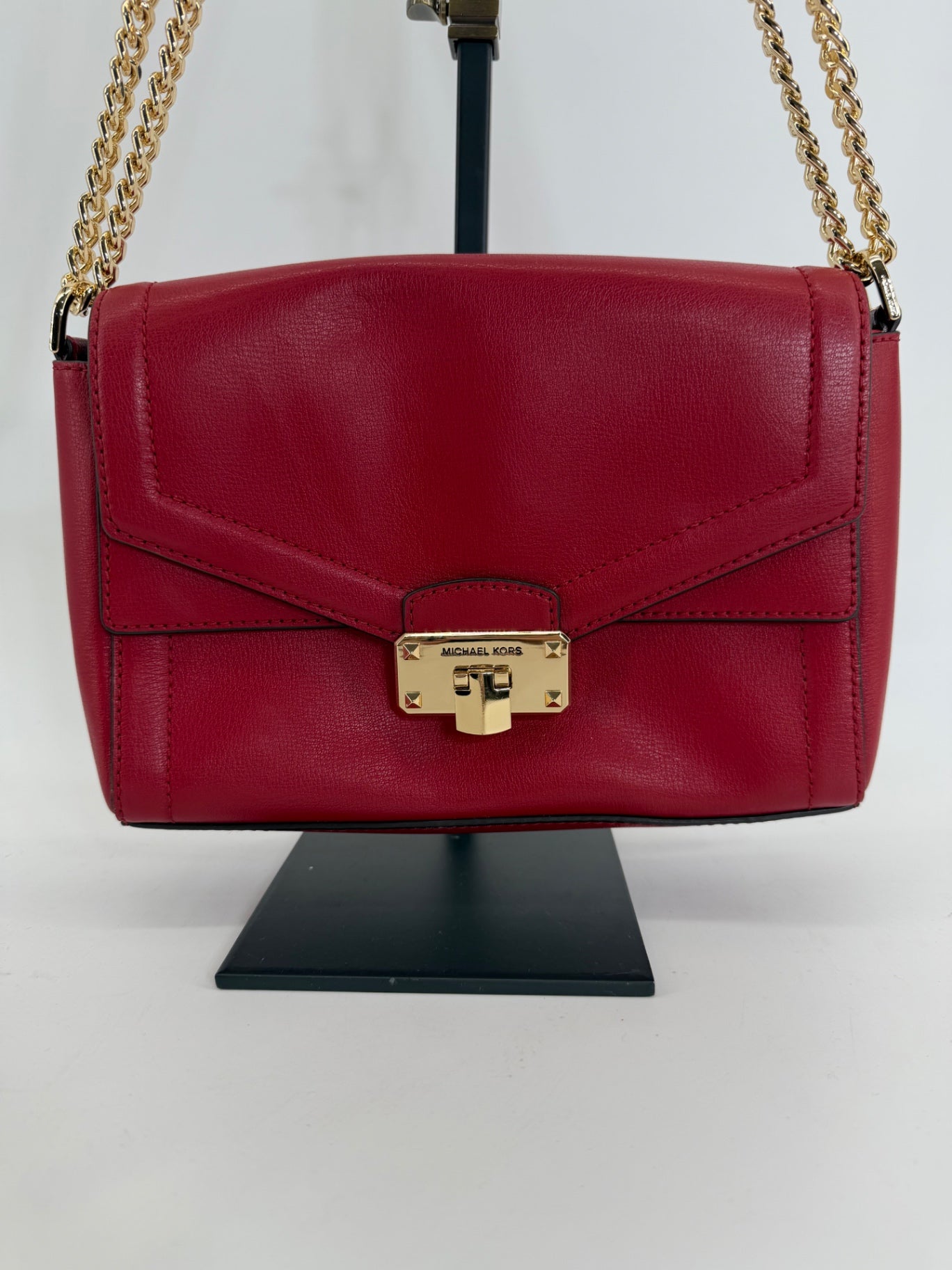 Michael Kors Kinsley Red Leather Crossbody Purse Chain Shoulder Bag Gold Lock
