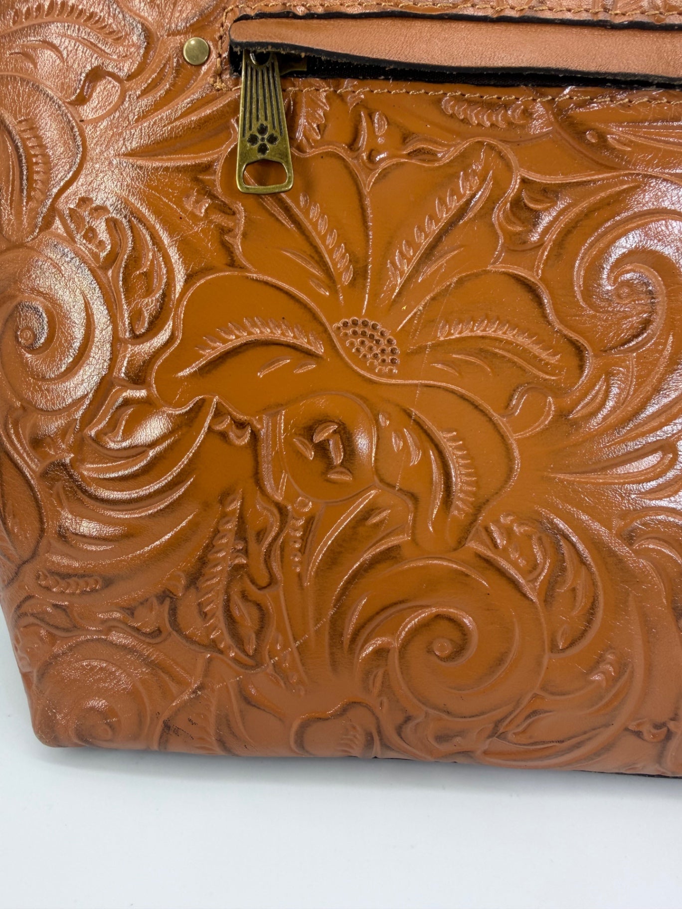 Patricia Nash Alessano Tooled Leather Tote Bag Brown Floral Embossed Shoulder Purse