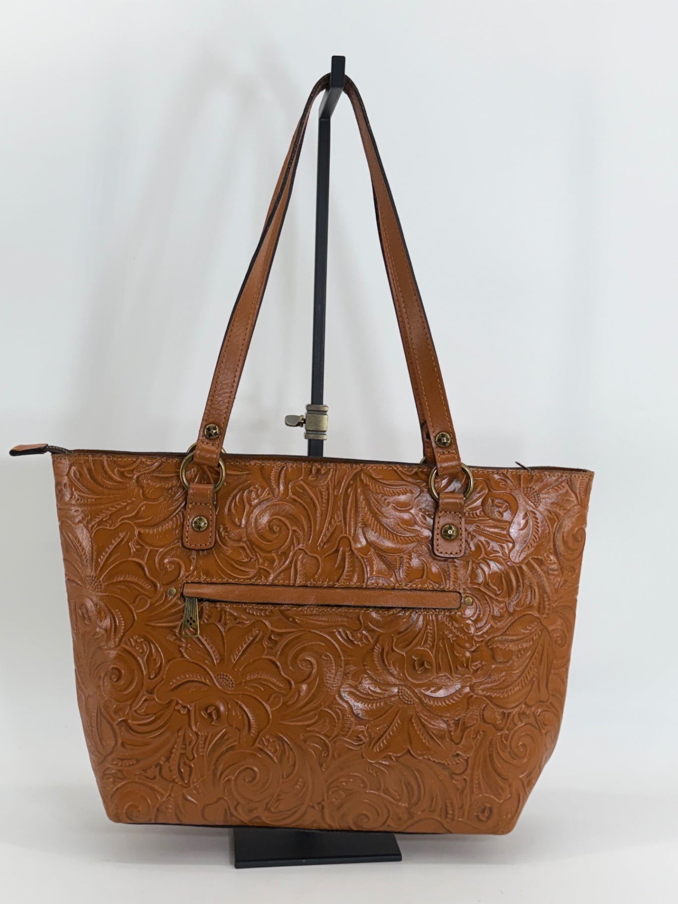Patricia Nash Alessano Tooled Leather Tote Bag Brown Floral Embossed Shoulder Purse