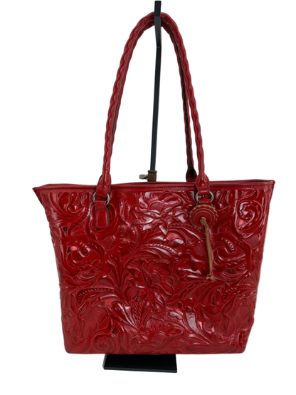 Patricia Nash Adeline Red Tooled Leather Tote Bag Floral Embossed Shoulder Purse