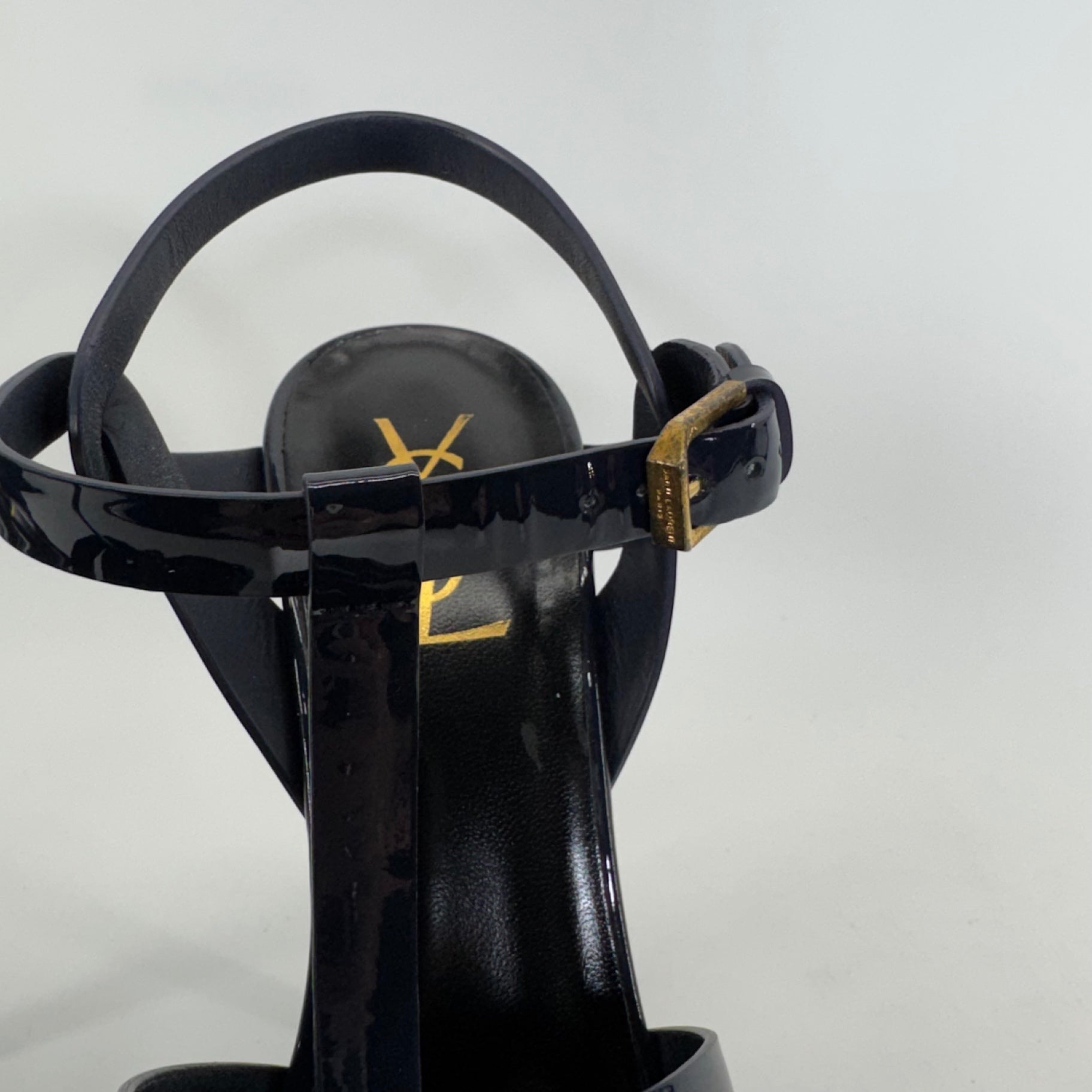 YSL Yves Saint Laurent Tribute Patent Leather Platform Sandals Navy EU 38 US 8