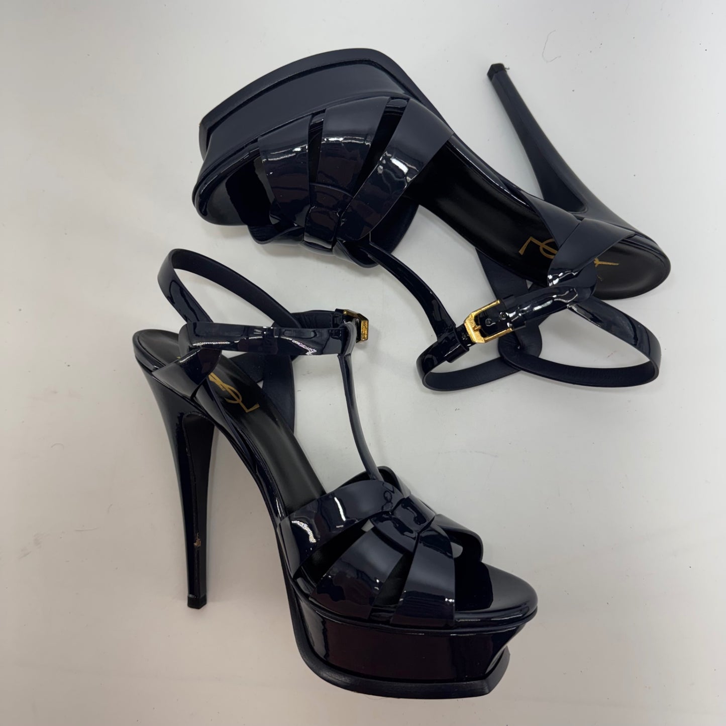 YSL Yves Saint Laurent Tribute Patent Leather Platform Sandals Navy EU 38 US 8