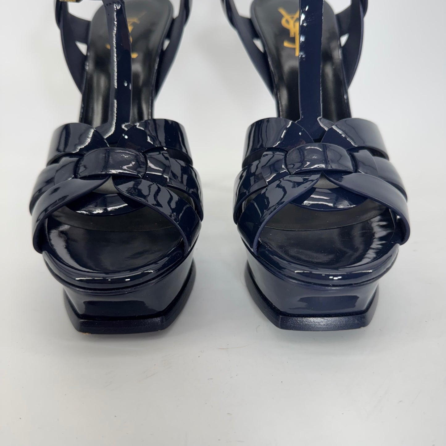 YSL Yves Saint Laurent Tribute Patent Leather Platform Sandals Navy EU 38 US 8