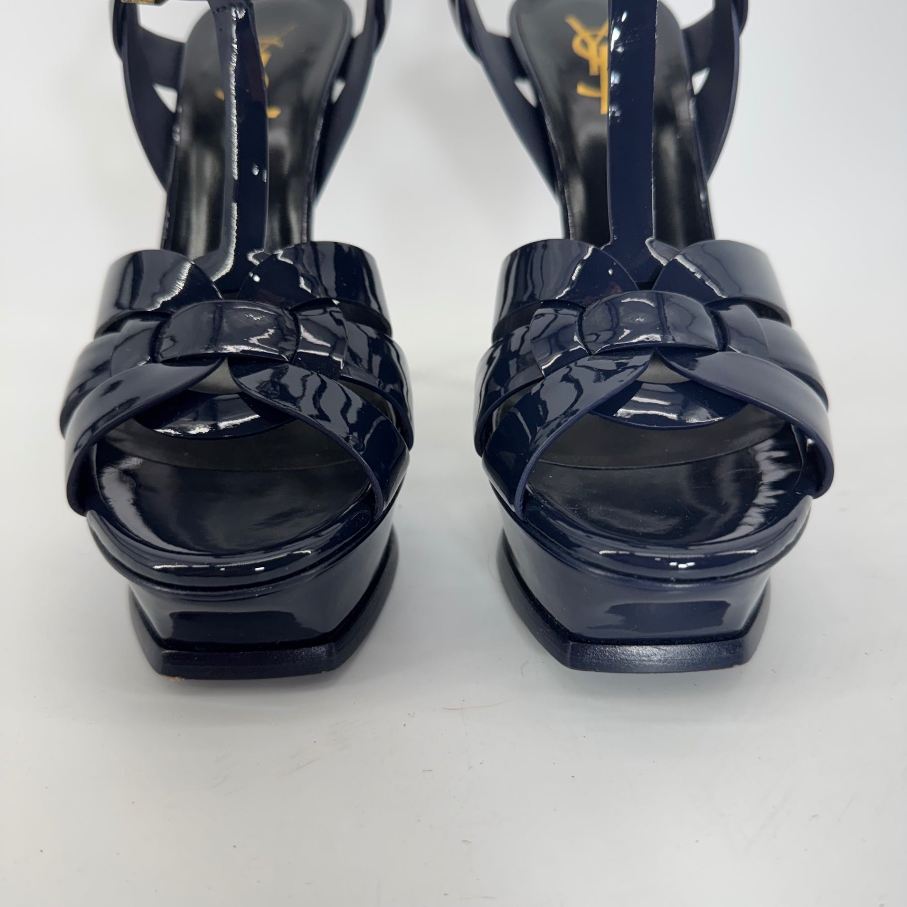 YSL Yves Saint Laurent Tribute Patent Leather Platform Sandals Navy EU 38 US 8
