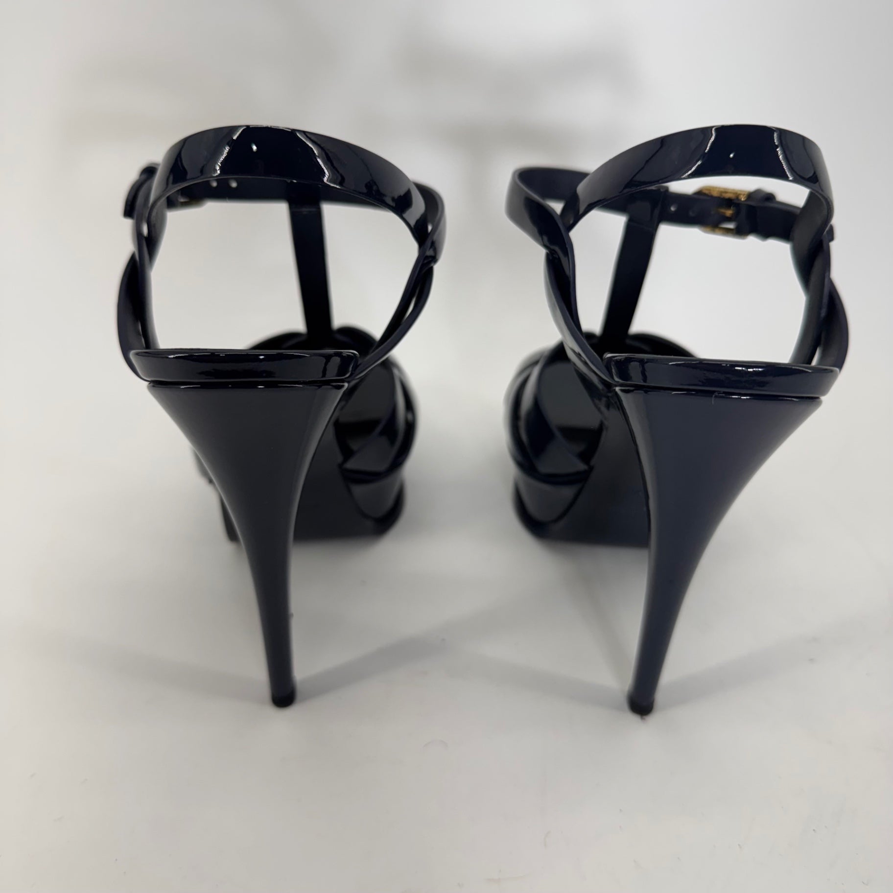 YSL Yves Saint Laurent Tribute Patent Leather Platform Sandals Navy EU 38 US 8