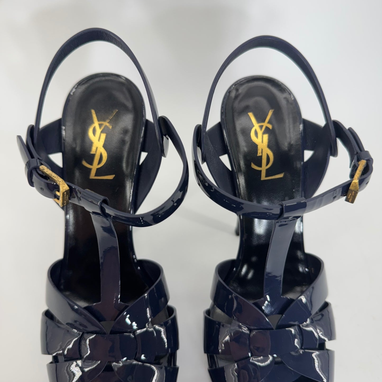 YSL Yves Saint Laurent Tribute Patent Leather Platform Sandals Navy EU 38 US 8