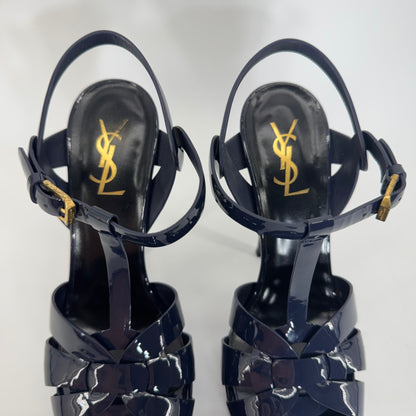 YSL Yves Saint Laurent Tribute Patent Leather Platform Sandals Navy EU 38 US 8