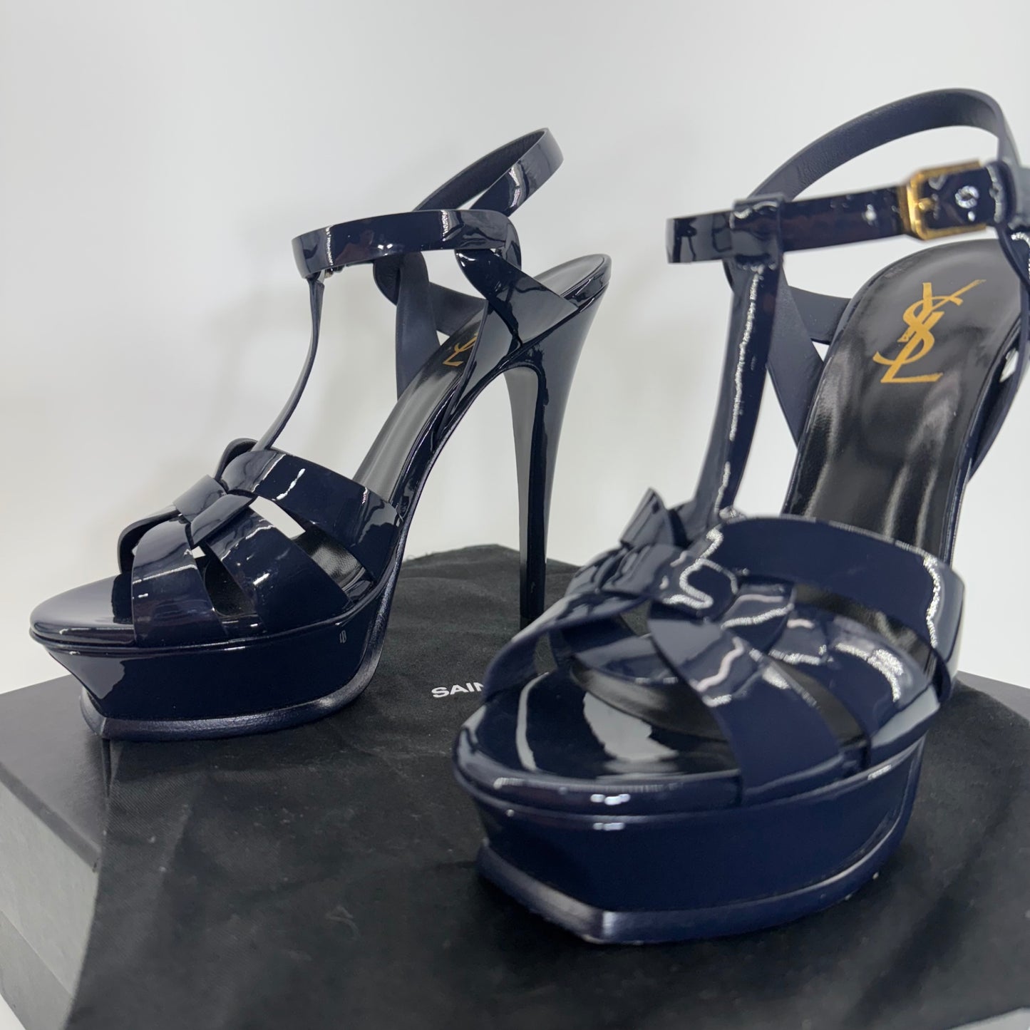 YSL Yves Saint Laurent Tribute Patent Leather Platform Sandals Navy EU 38 US 8