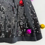 Queen of Sparkles Black Sequin Jingle Bell Mini Skirt Size Small Christmas