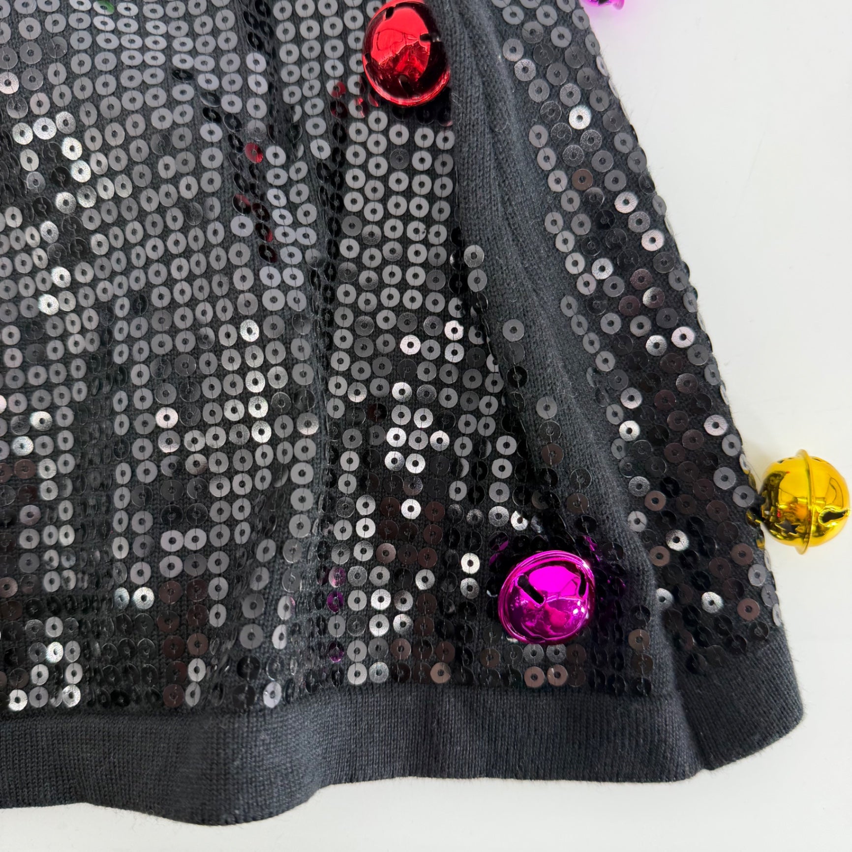 Queen of Sparkles Black Sequin Jingle Bell Mini Skirt Size Small Christmas