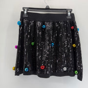 Queen of Sparkles Black Sequin Jingle Bell Mini Skirt Size Small Christmas