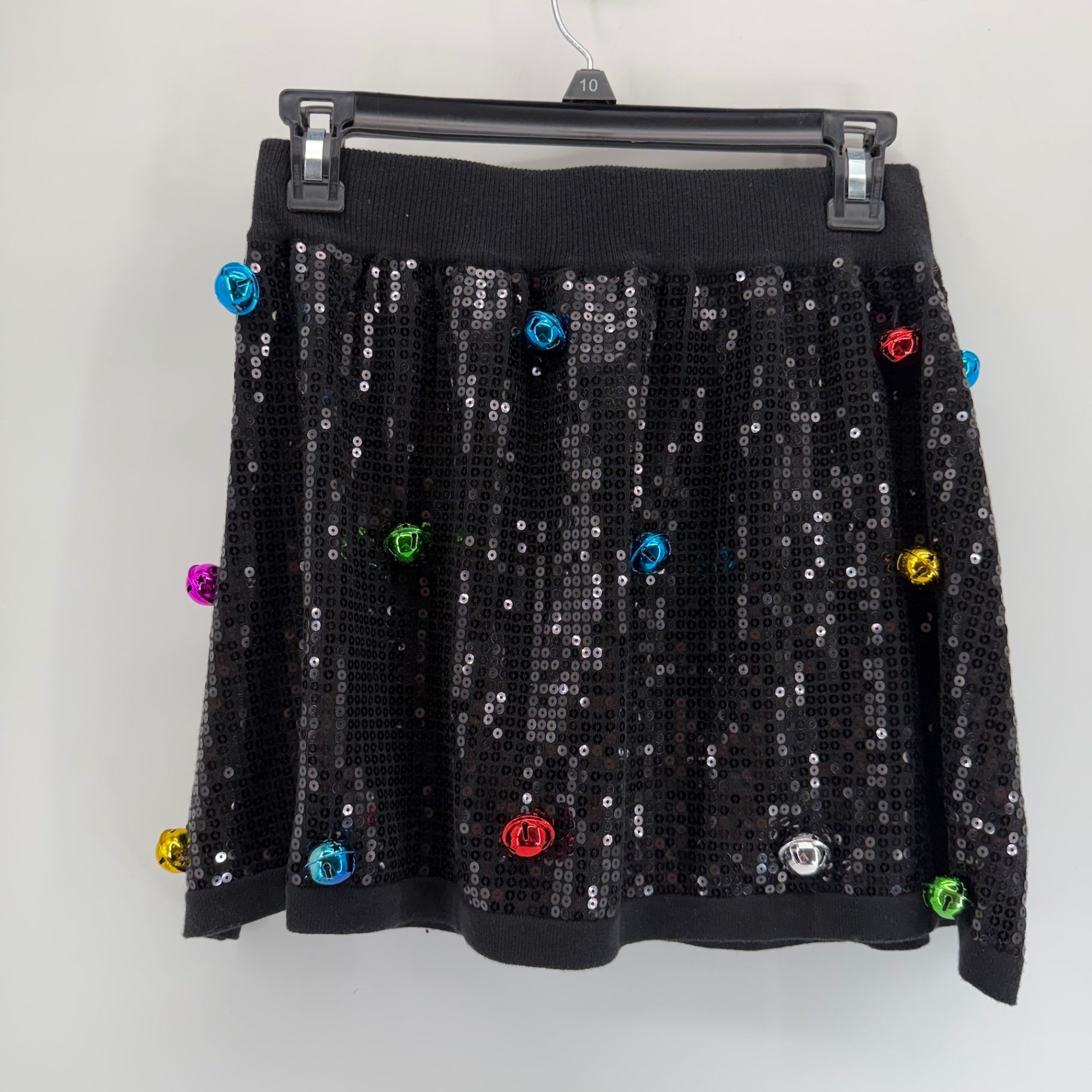 Queen of Sparkles Black Sequin Jingle Bell Mini Skirt Size Small Christmas