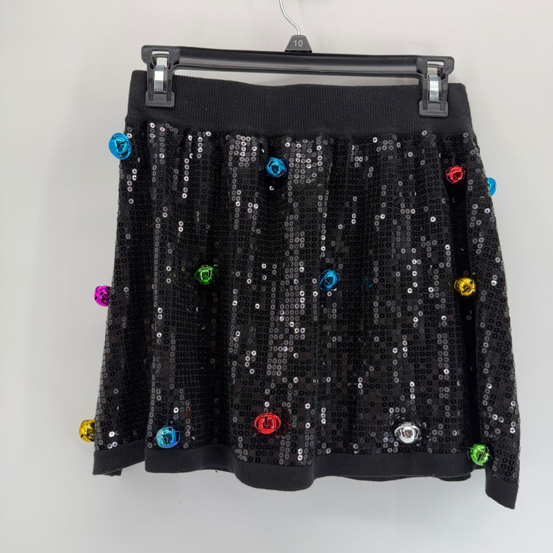 Queen of Sparkles Black Sequin Jingle Bell Mini Skirt Size Small Christmas