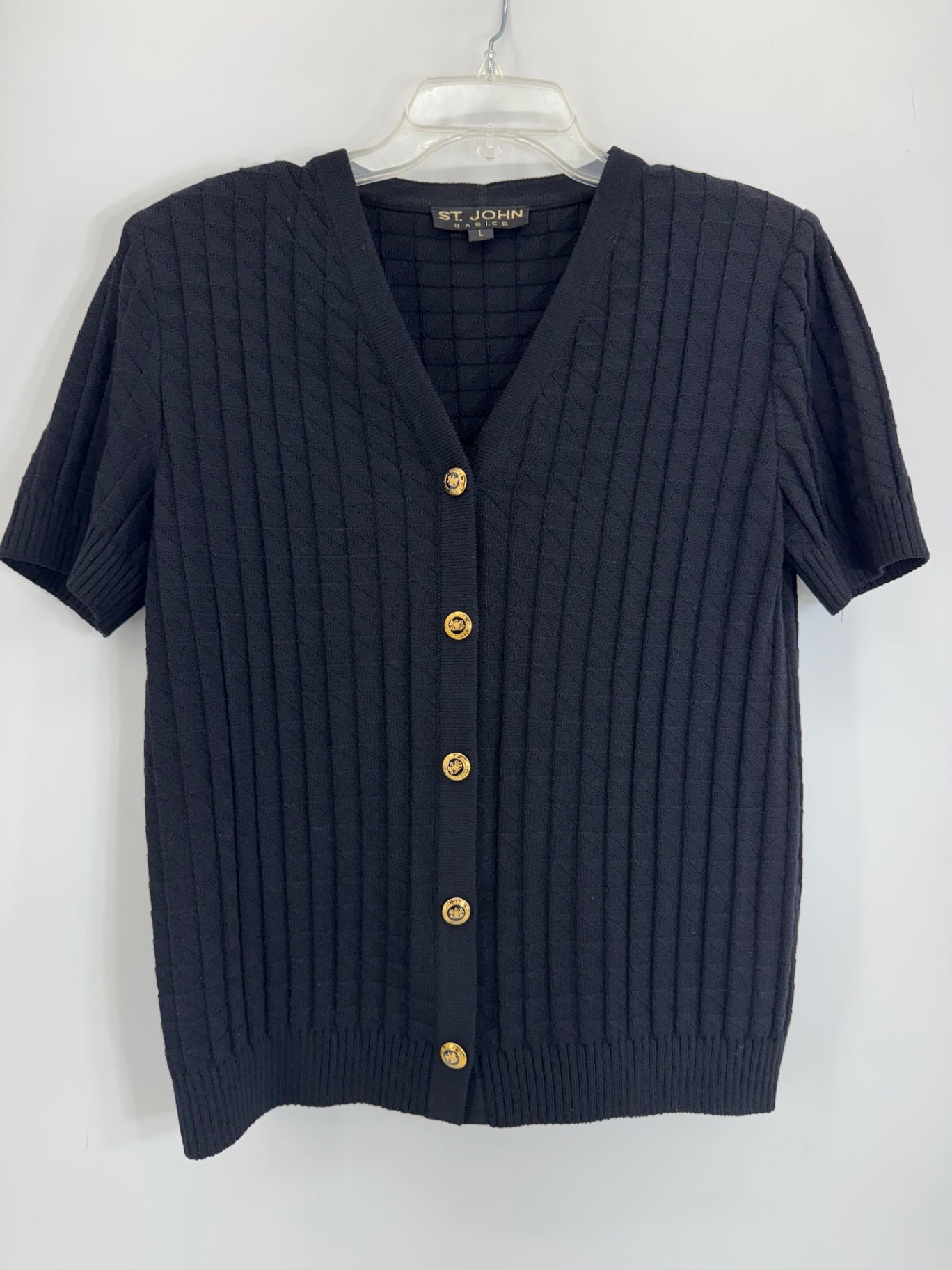 St. John Collection Black Santana Knit Short Sleeve Cardigan Gold Buttons 6