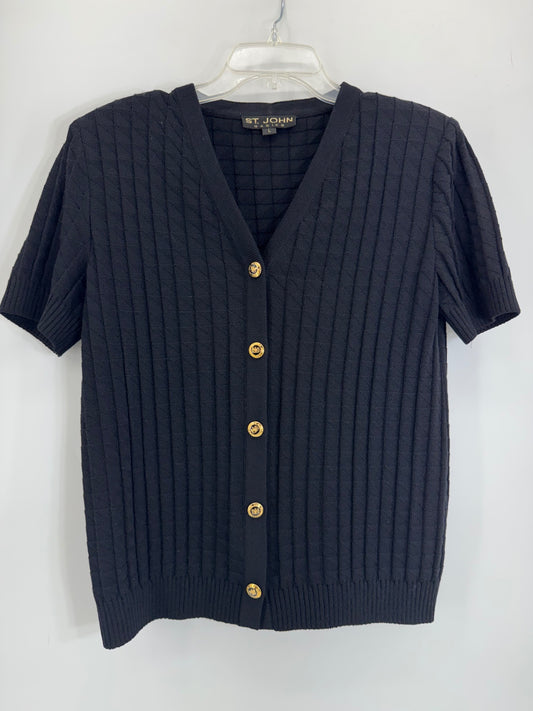 St. John Collection Black Santana Knit Short Sleeve Cardigan Gold Buttons 6