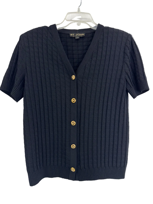 St. John Collection Black Santana Knit Short Sleeve Cardigan Gold Buttons 6