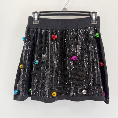 Queen of Sparkles Black Sequin Jingle Bell Mini Skirt Size Small Christmas