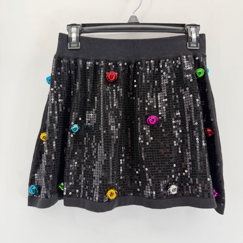 Queen of Sparkles Black Sequin Jingle Bell Mini Skirt Size Small Christmas