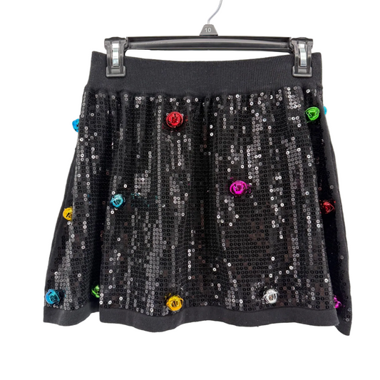 Queen of Sparkles Black Sequin Jingle Bell Mini Skirt Size Small Christmas