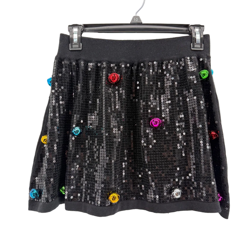 Queen of Sparkles Black Sequin Jingle Bell Mini Skirt Size Small Christmas