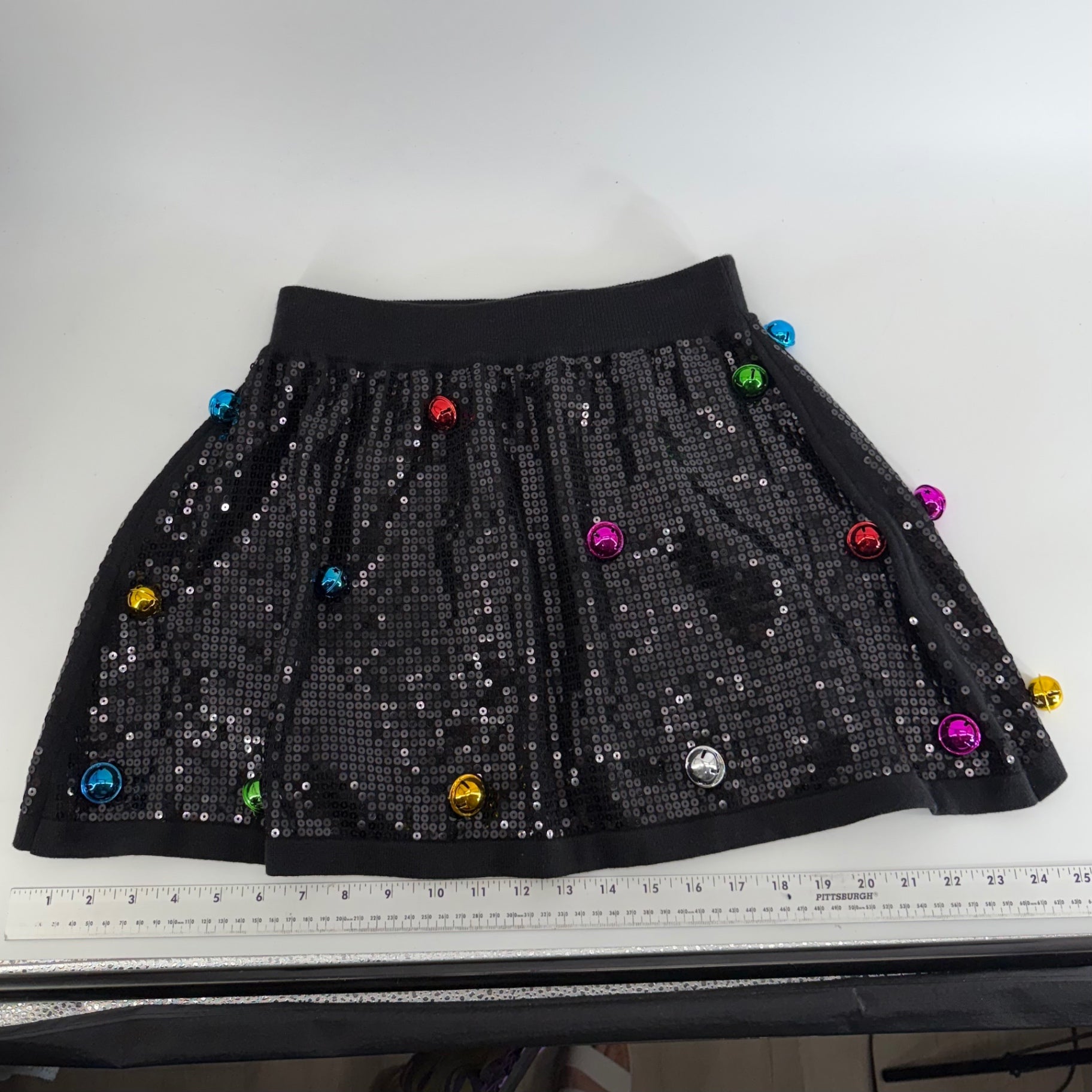 Queen of Sparkles Black Sequin Jingle Bell Mini Skirt Size Small Christmas