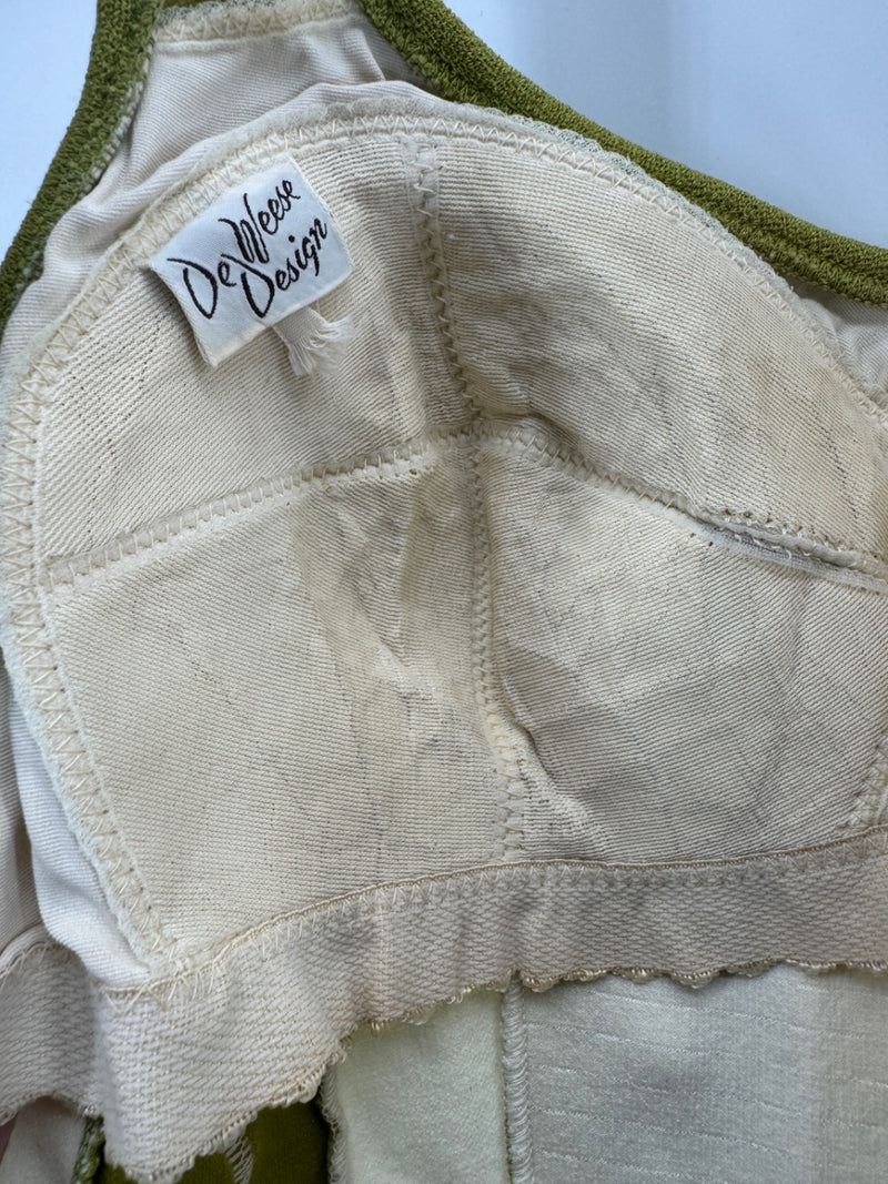 Vintage De Weese Design One Piece Swimsuit Olive Green Cream Striped Women