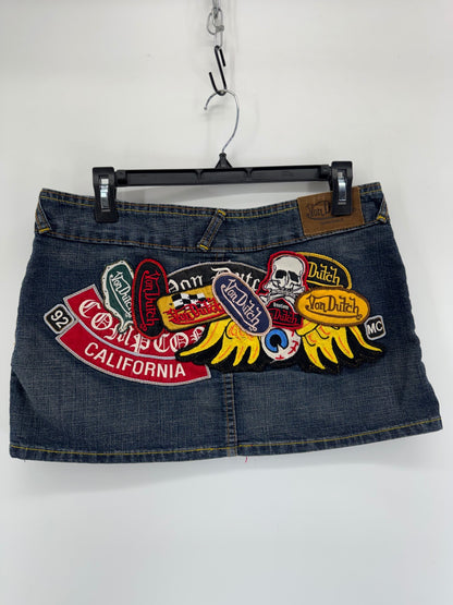 Von Dutch Y2K Biker Denim Patch Mini Skirt Sz Medium