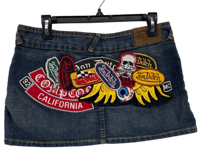 Von Dutch Y2K Biker Denim Patch Mini Skirt Sz Medium