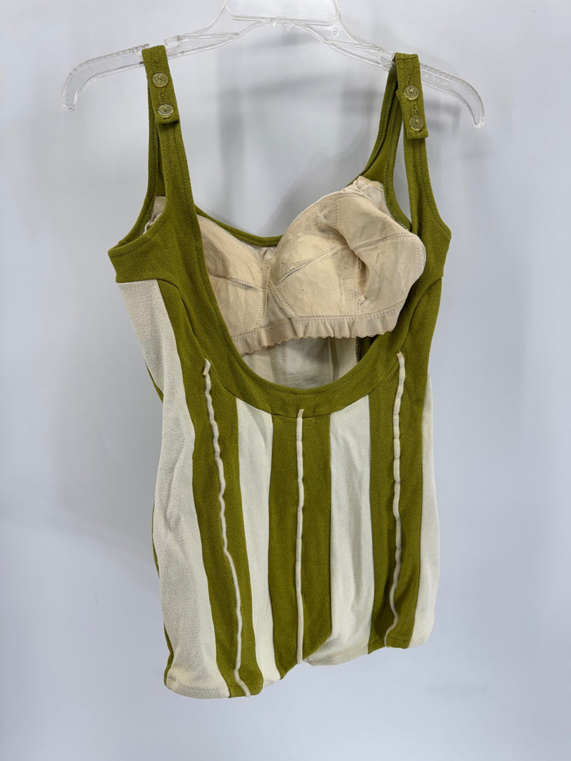 Vintage De Weese Design One Piece Swimsuit Olive Green Cream Striped Women