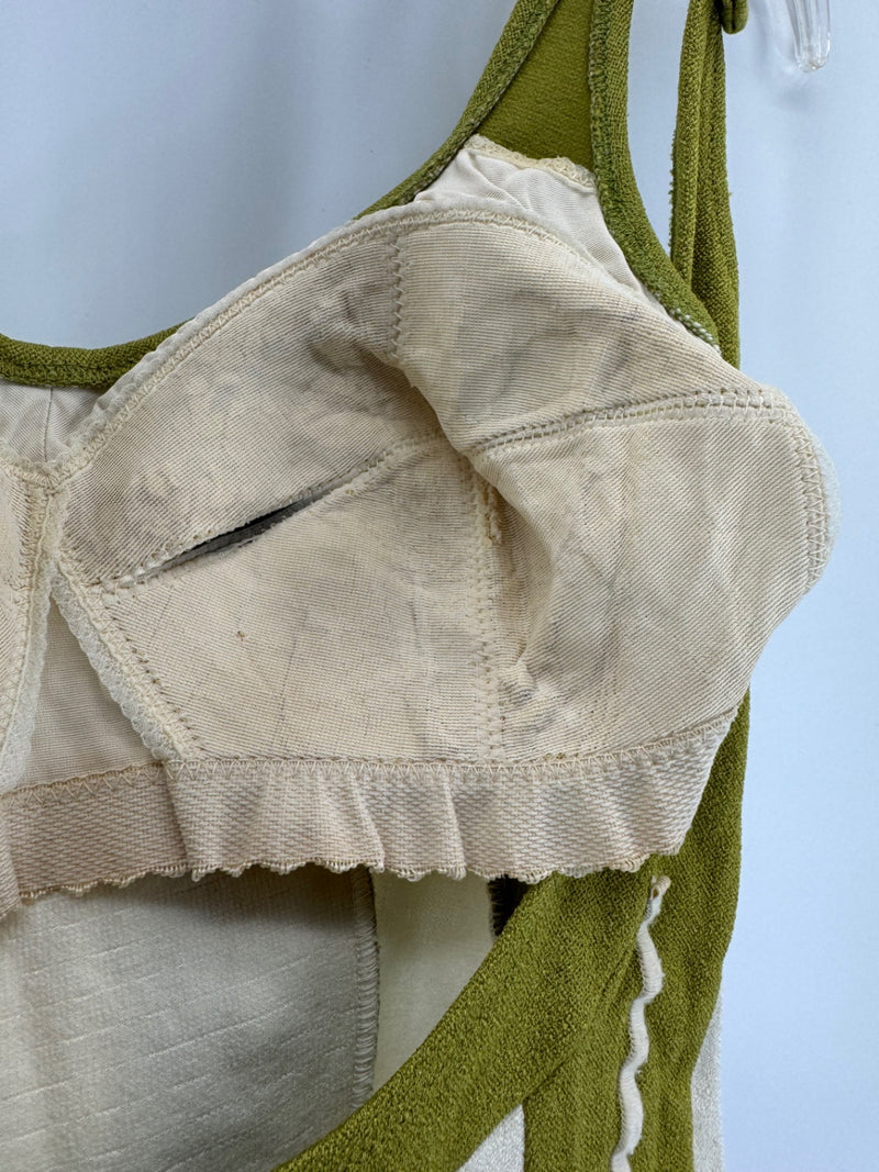 Vintage De Weese Design One Piece Swimsuit Olive Green Cream Striped Women
