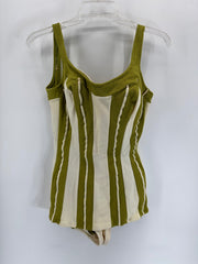 Vintage De Weese Design One Piece Swimsuit Olive Green Cream Striped Women