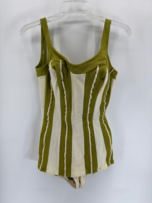 Vintage De Weese Design One Piece Swimsuit Olive Green Cream Striped Women