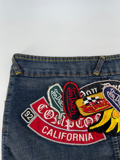 Von Dutch Y2K Biker Denim Patch Mini Skirt Sz Medium