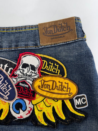Von Dutch Y2K Biker Denim Patch Mini Skirt Sz Medium