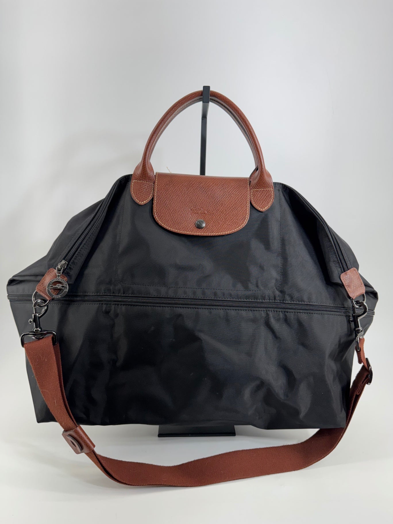 Longchamp Black Nylon w/ Brown Leather Duffel