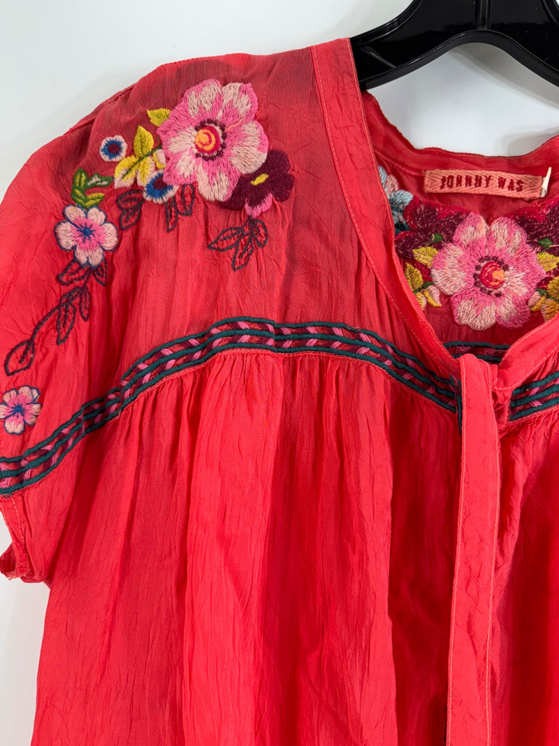 Johnny Was Coral Floral Embroidered Blouse