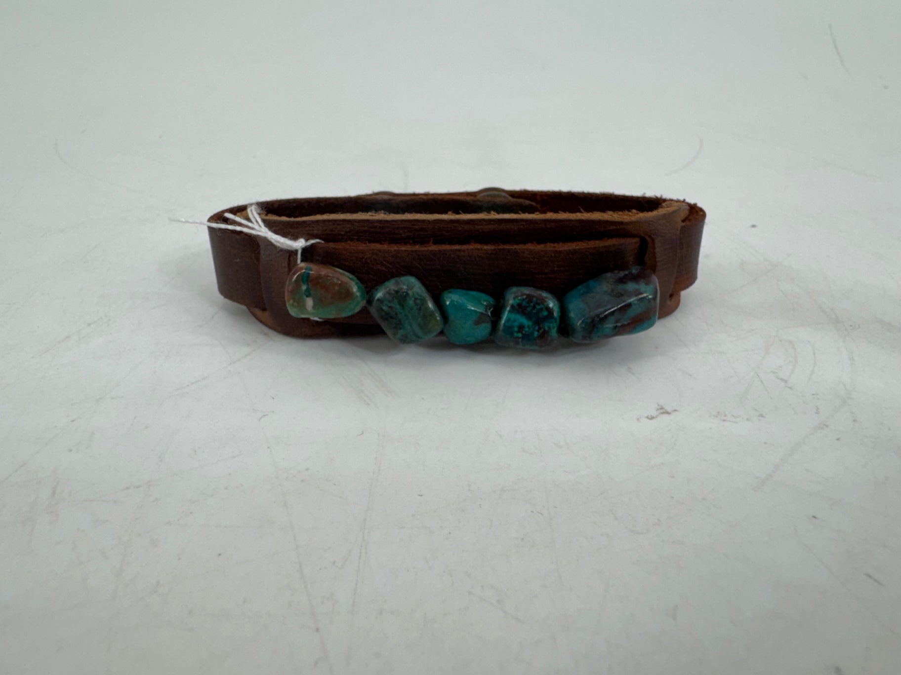 Yik Fung Brown Leather Bracelet with Turqouise