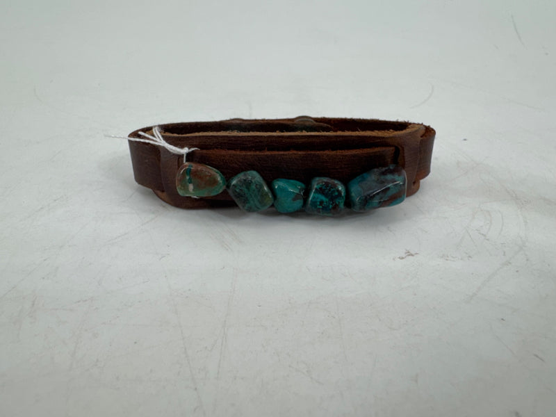 Yik Fung Brown Leather Bracelet with Turqouise