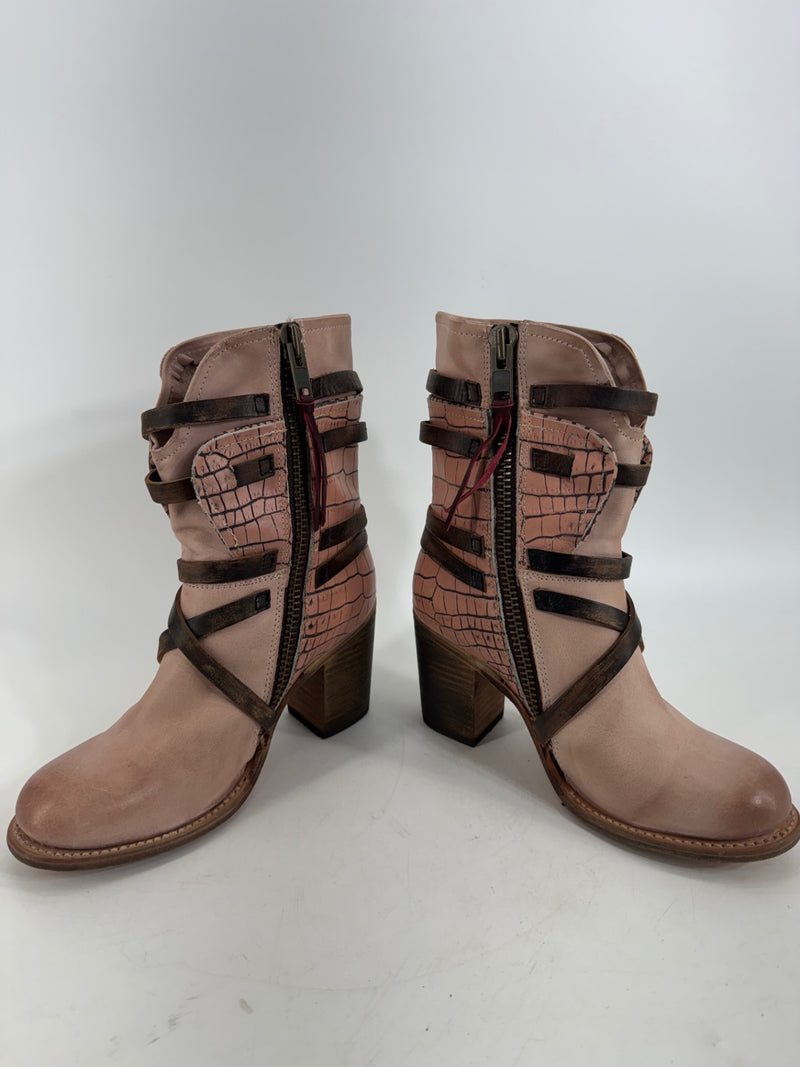 Freebird - Baker Ankle Boots Leather Cutout Straps Pink/Brown Size 8