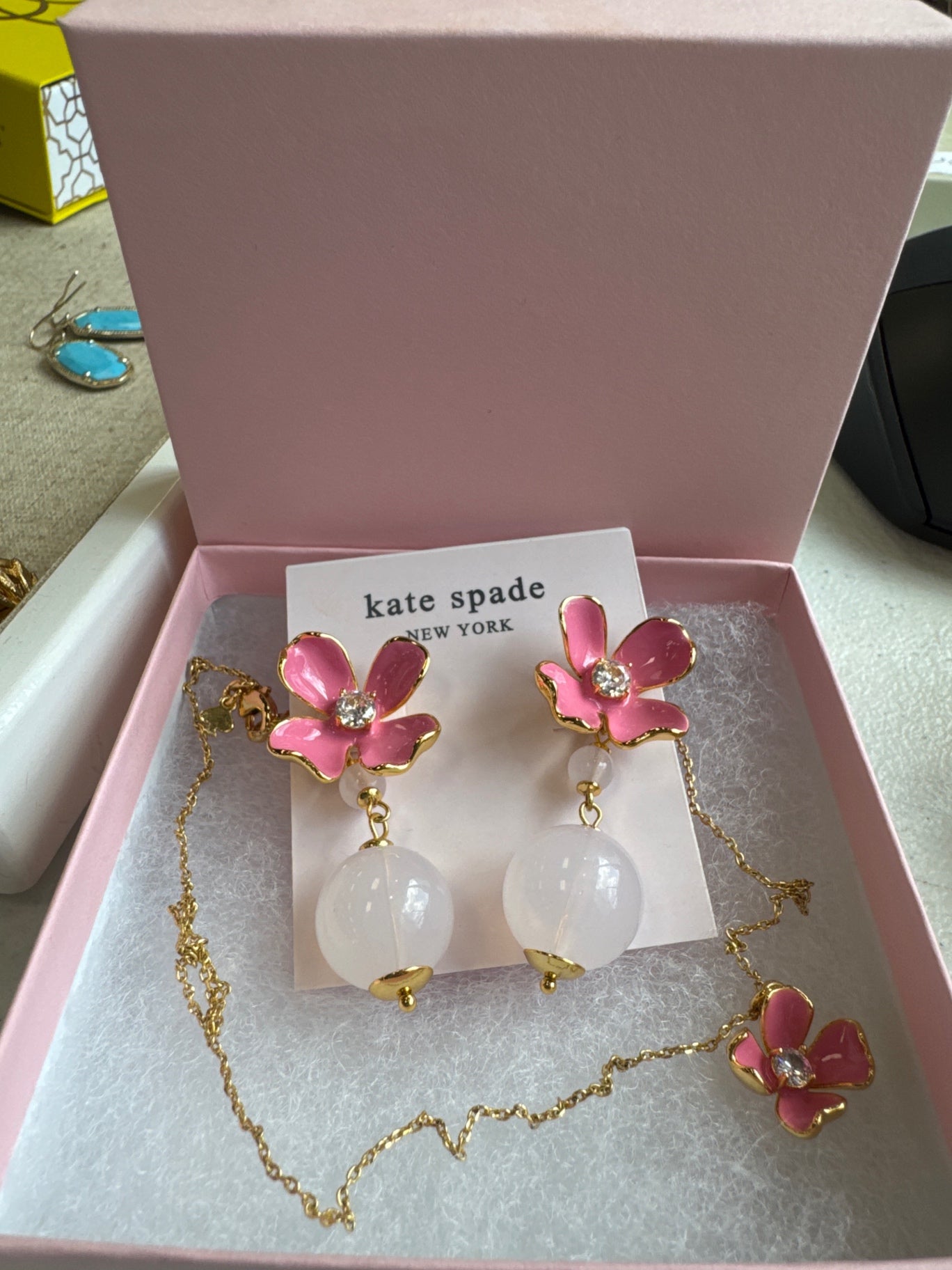 Kate Spade Floral Necklace and Earrings Set Pink Gold