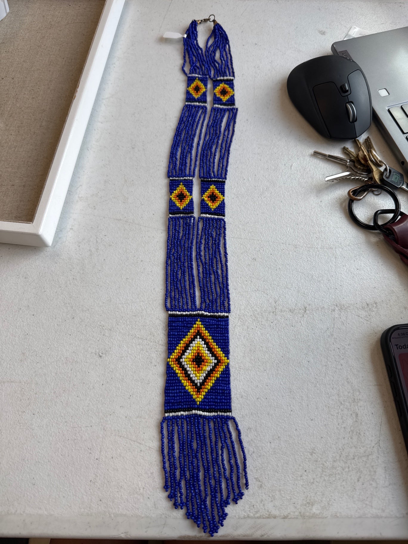 Beaded Necklace Blue Multicolor Geometric Fringe One Size