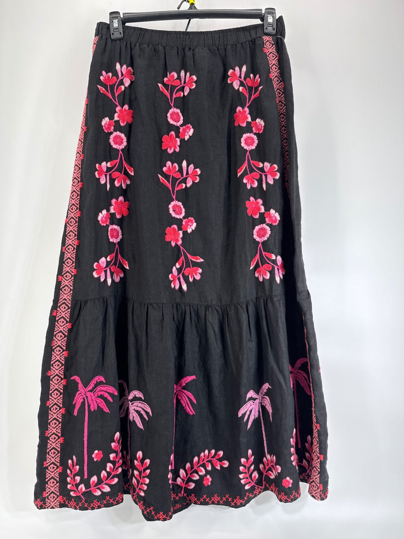Johnny Was Black Pink Embroidered Linen Skirt M Medium