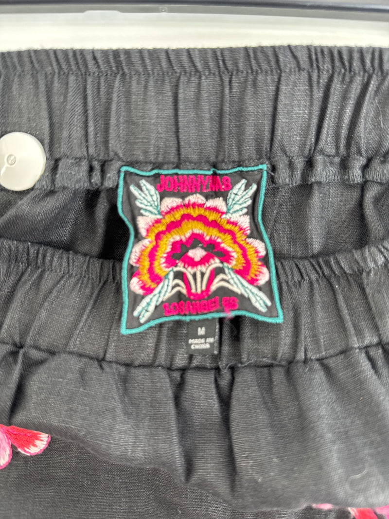 Johnny Was Black Pink Embroidered Linen Skirt M Medium