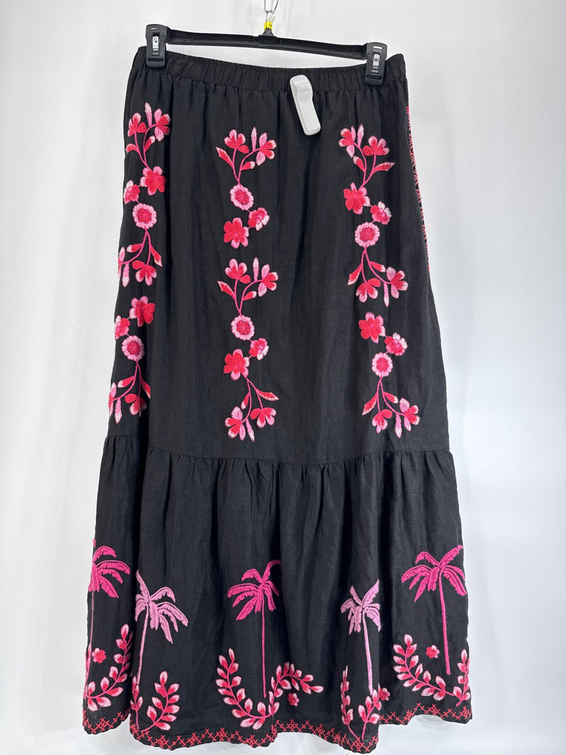 Johnny Was Black Pink Embroidered Linen Skirt M Medium