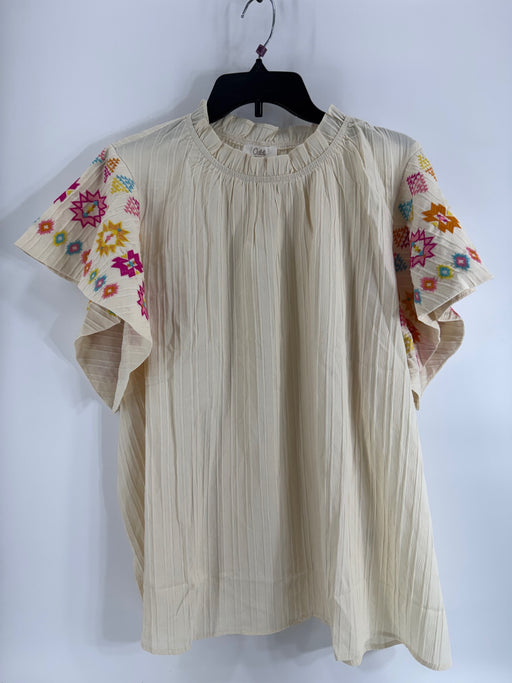Oddi Beige Top with Embroidered Sleeves