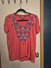 Johnny Was Coral Short Sleeve Embroidered V-Neck Tee
