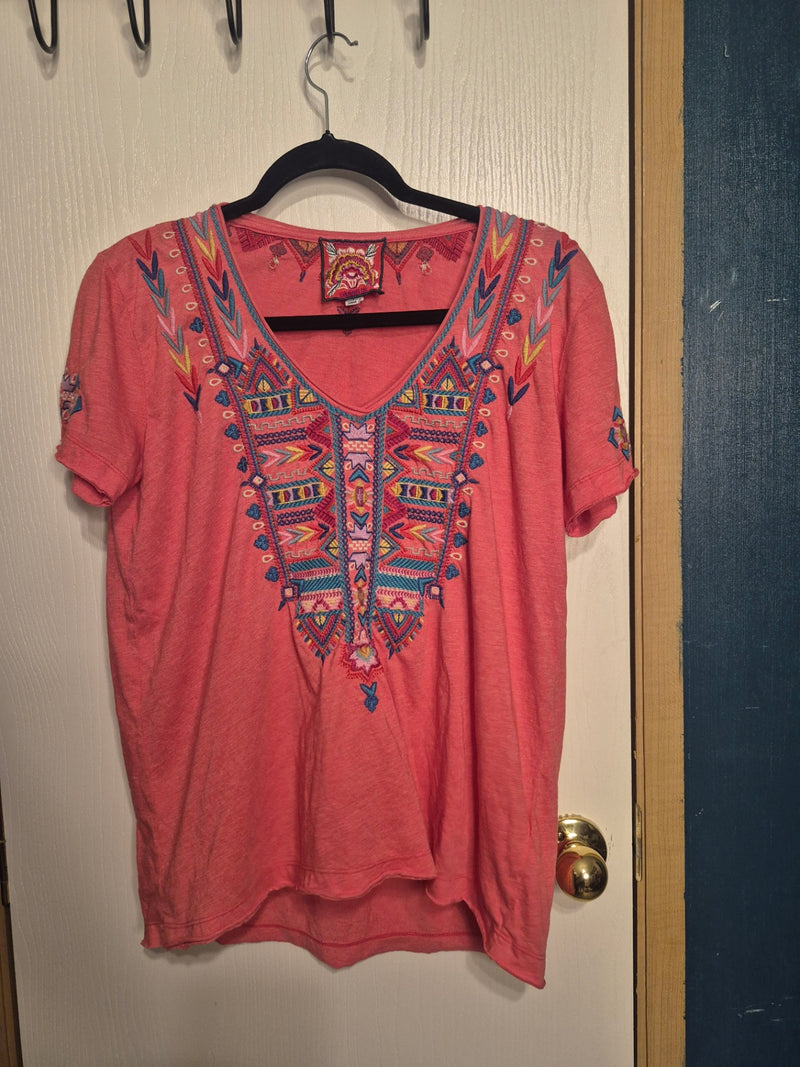 Johnny Was Coral Short Sleeve Embroidered V-Neck Tee